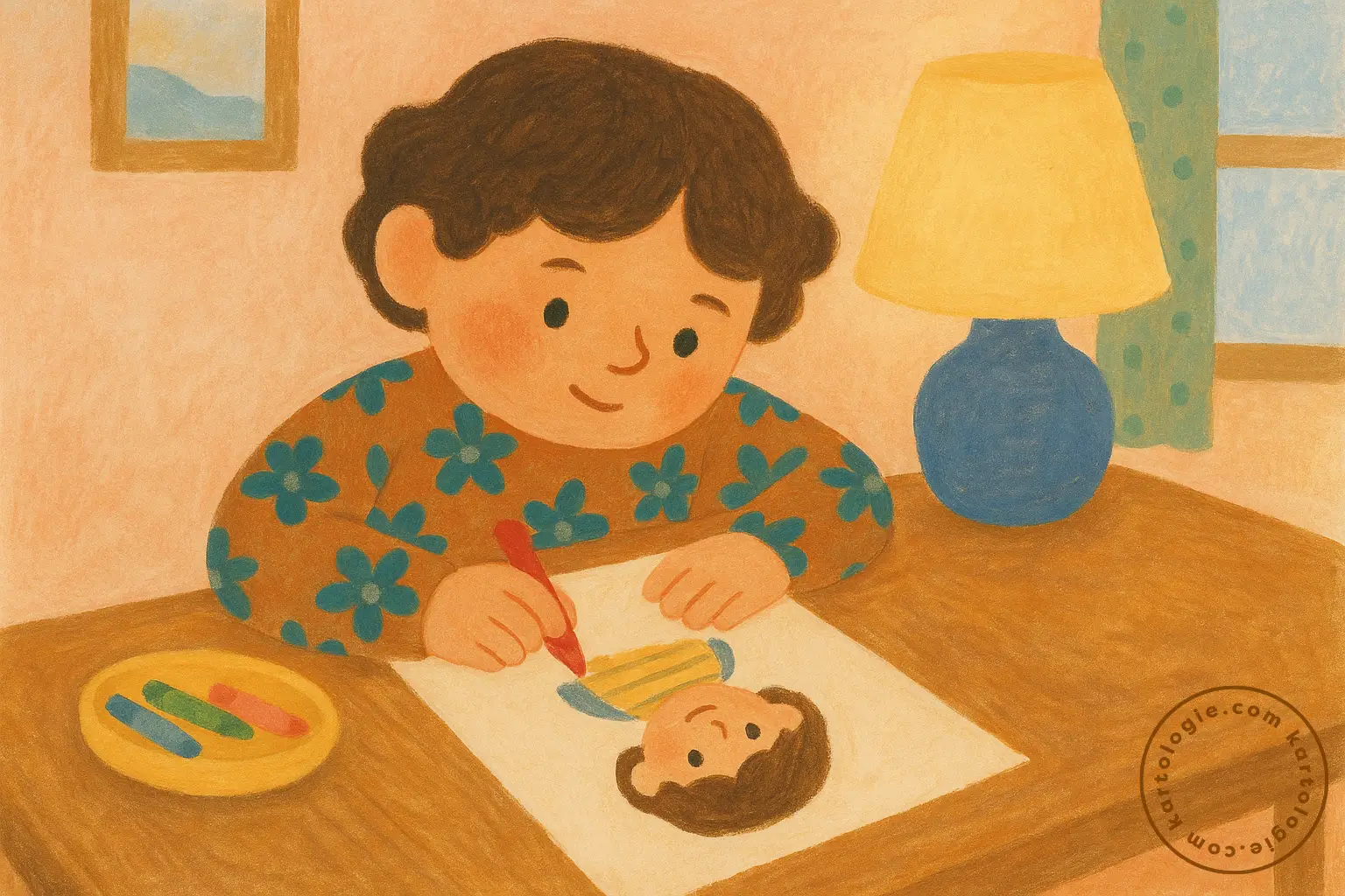 Criança sorridente sentada à mesa enquanto desenha seu próprio retrato, em um ambiente acolhedor com lápis de cor. A cena representa autoconhecimento, expressão pessoal e criatividade na infância.