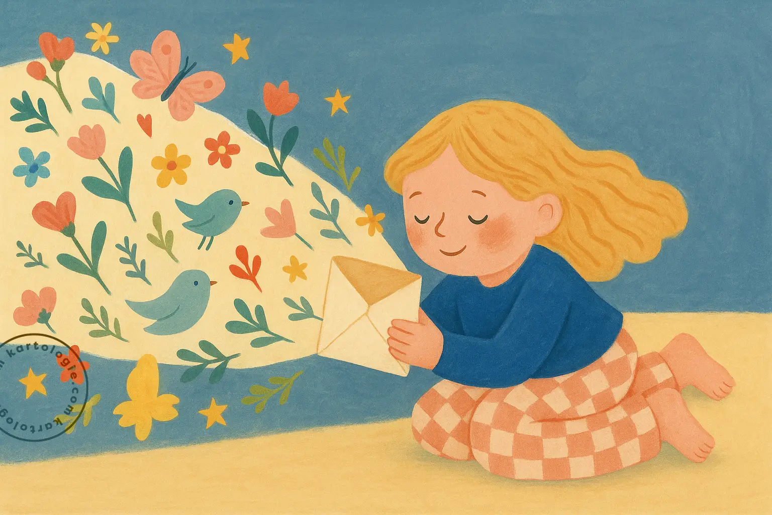 Menina segura uma carta da qual saem flores, pássaros, borboletas e estrelas, como se espalhasse encantamento pelo ar.