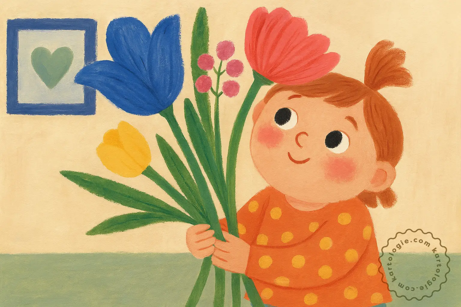 Criança sorridente segura um buquê de flores coloridas com ternura, em frente a um quadro com um coração verde.