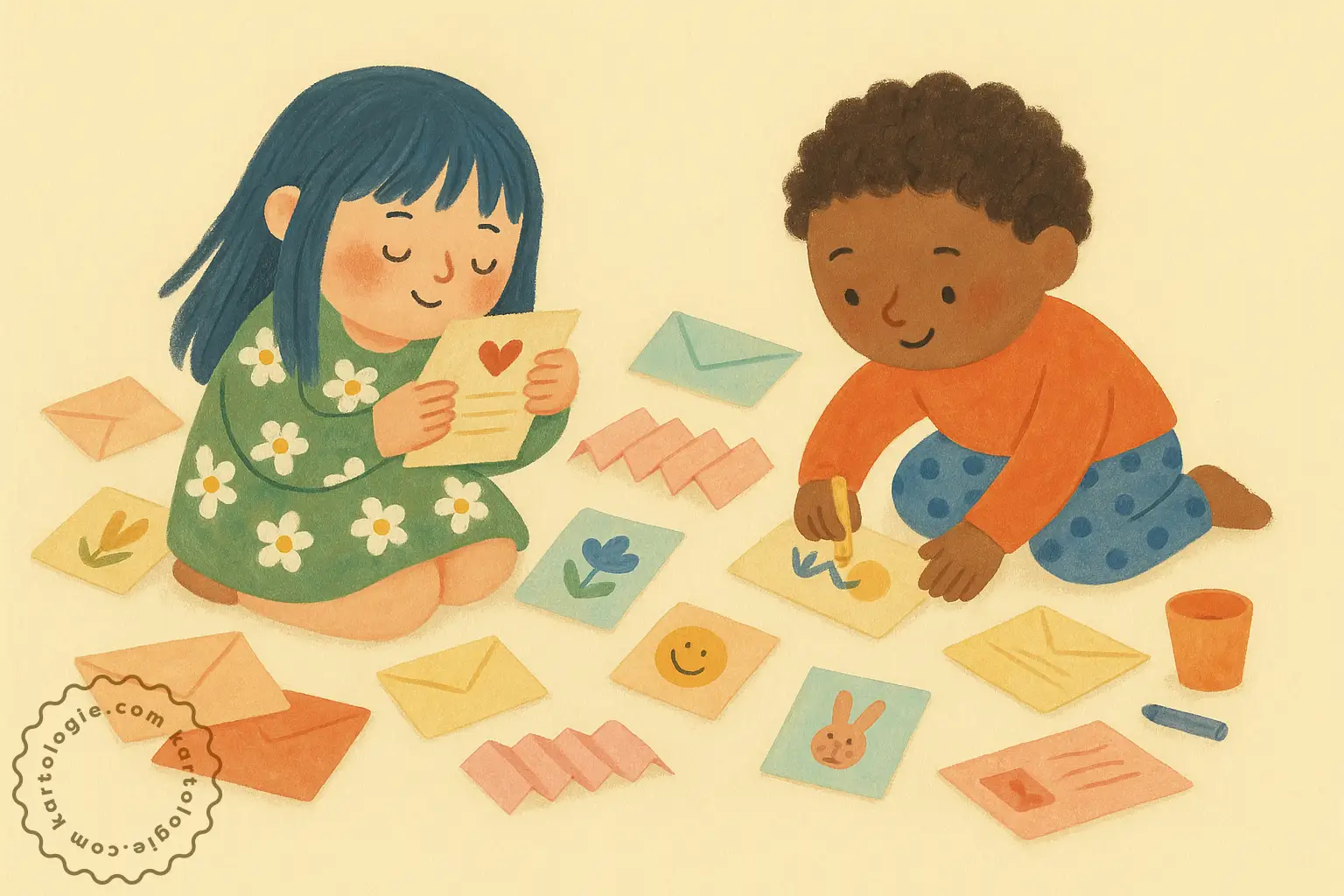 Duas crianças sentadas no chão desenham e leem cartas com símbolos de afeto e alegria.