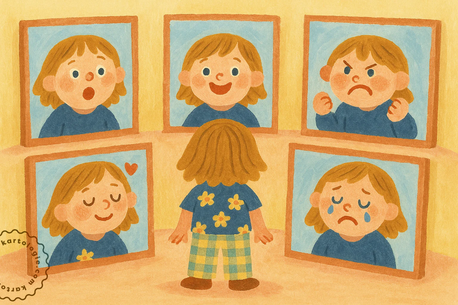 Criança observa retratos seus com expressões de alegria, raiva, choro, surpresa e amor. A cena simboliza o processo de reconhecer e nomear emoções.