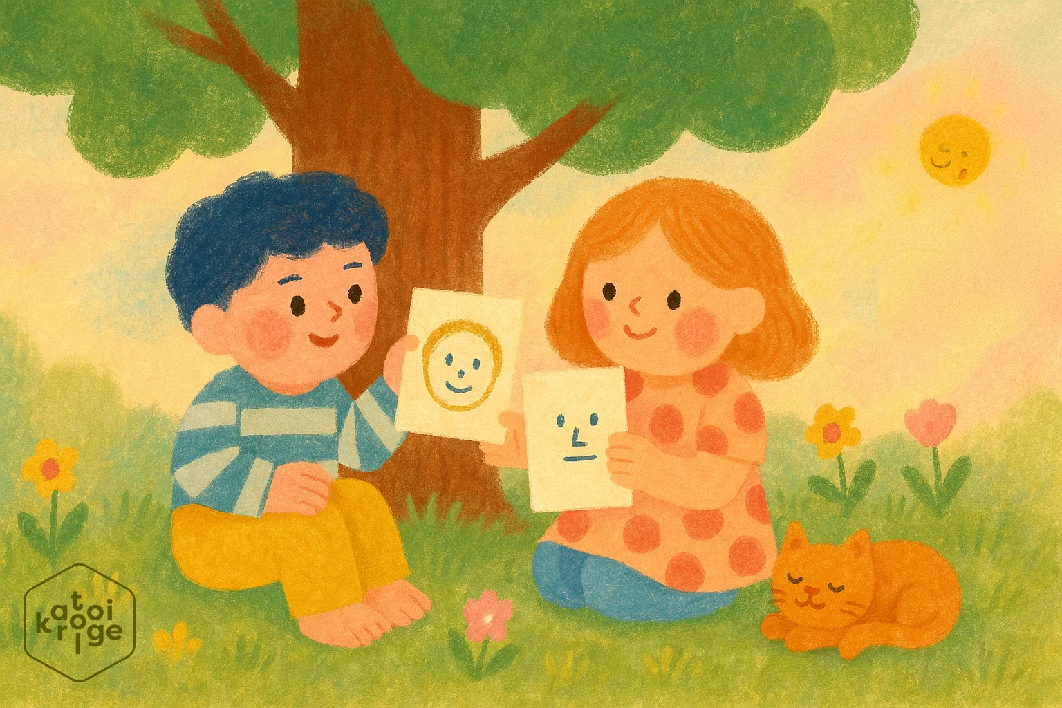 Duas crianças sentadas na grama compartilham desenhos de rostos com expressões diferentes. A cena representa a troca e a escuta sobre sentimentos, ao ar livre e com afeto.