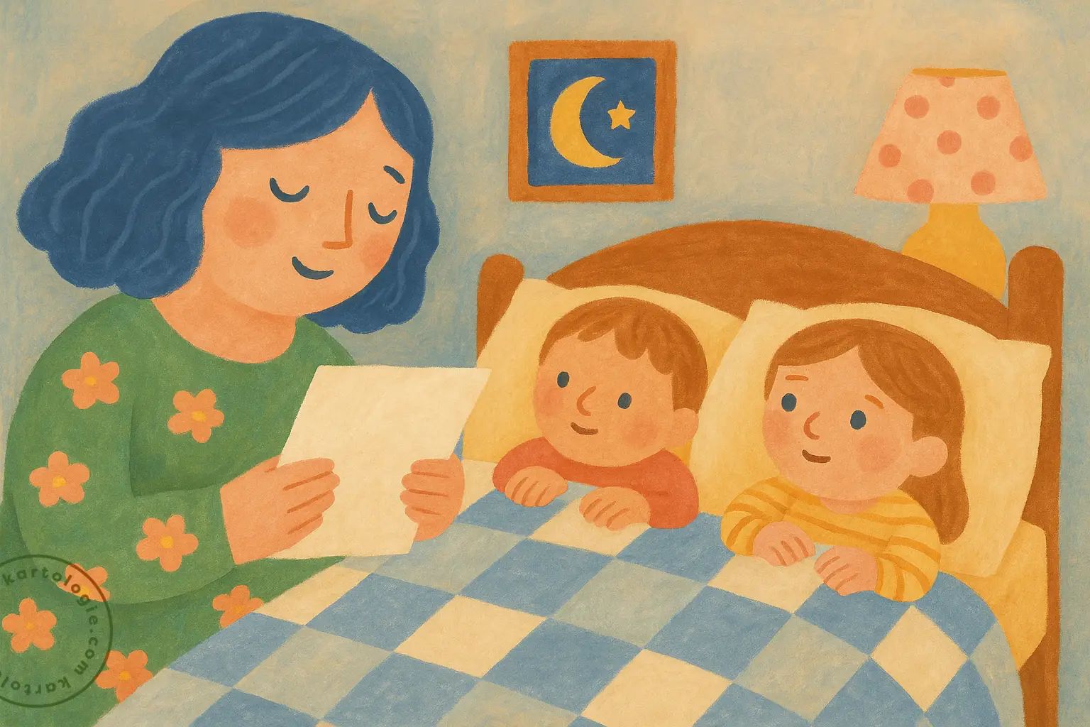 Mulher lendo uma carta para duas crianças pequenas na cama, em um ambiente noturno acolhedor. Representa a transmissão afetiva de conhecimento e a importância do vínculo familiar.