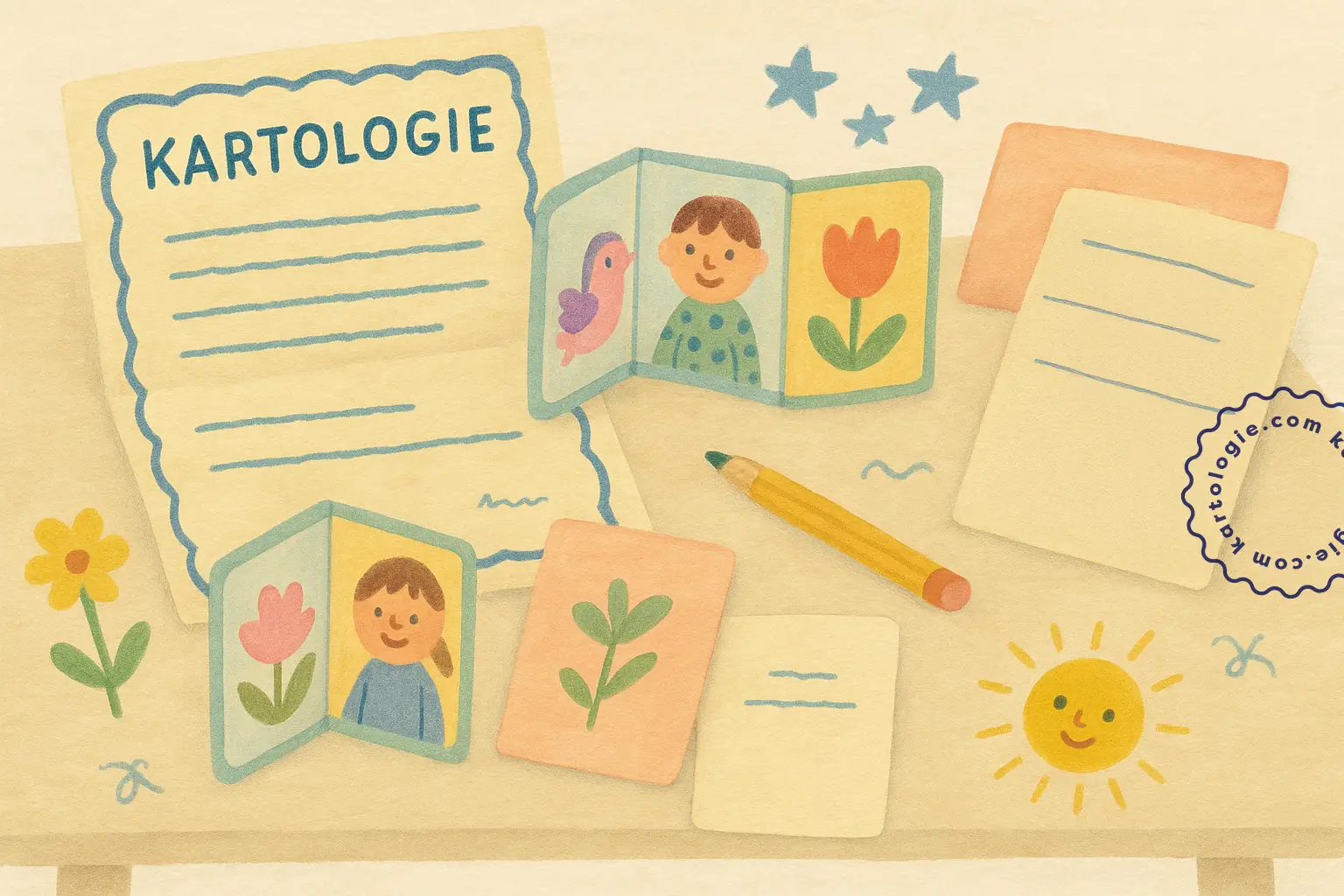 Cartas, mini livros ilustrados, desenhos e cartões estão dispostos sobre uma mesa com lápis e flores. Representa o conteúdo criativo, afetivo e visual da experiência Kartologie.