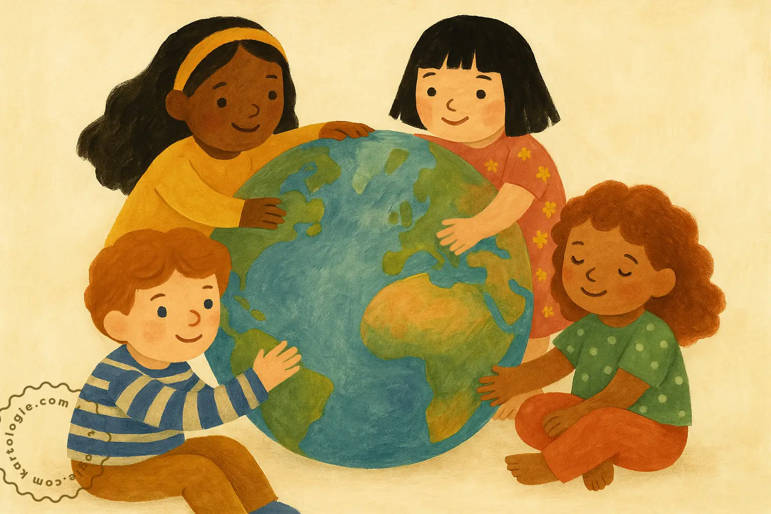 Quatro crianças de diferentes origens étnicas sentadas ao redor de um globo terrestre, sorrindo e tocando-o com cuidado, representando conexão global e diversidade cultural.