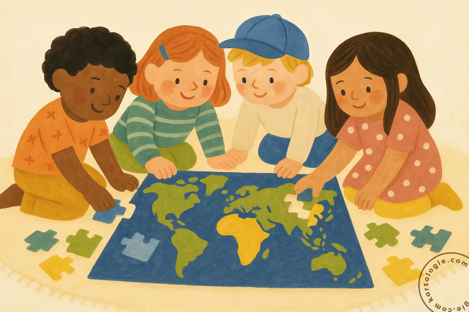 Quatro crianças de diferentes etnias montam juntas um quebra-cabeça do mapa-múndi, simbolizando colaboração, aprendizado coletivo e respeito às diferenças culturais.