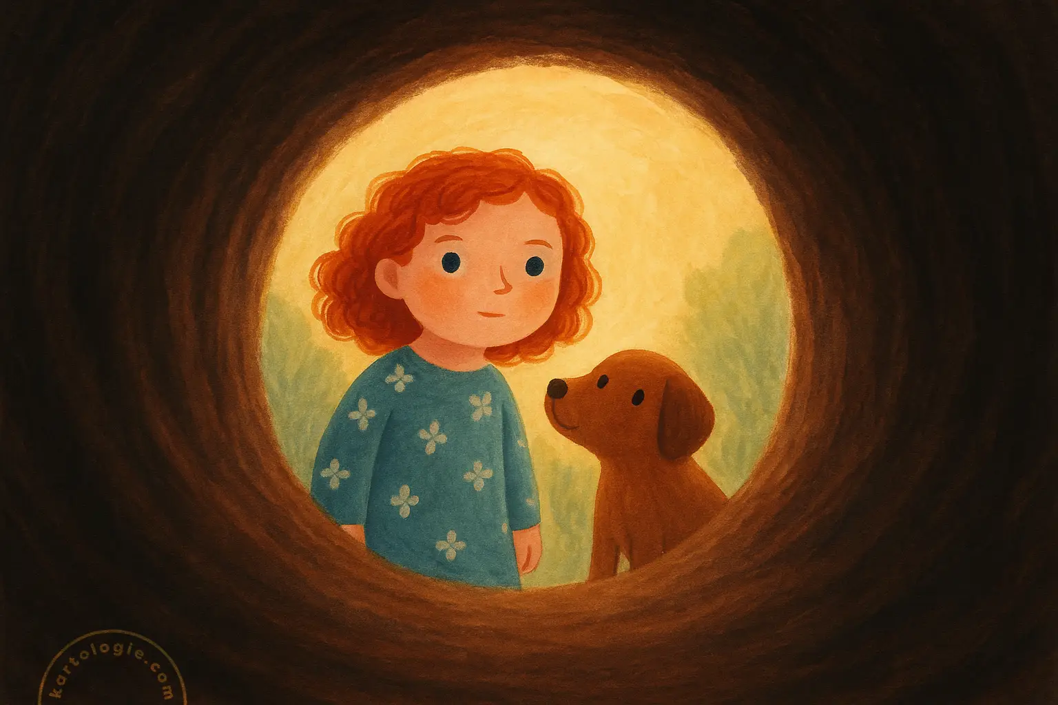 Menina com cabelo cacheado e vestido azul claro aparece junto a um cachorro, ambos vistos do interior de um túnel escuro iluminado ao fundo.