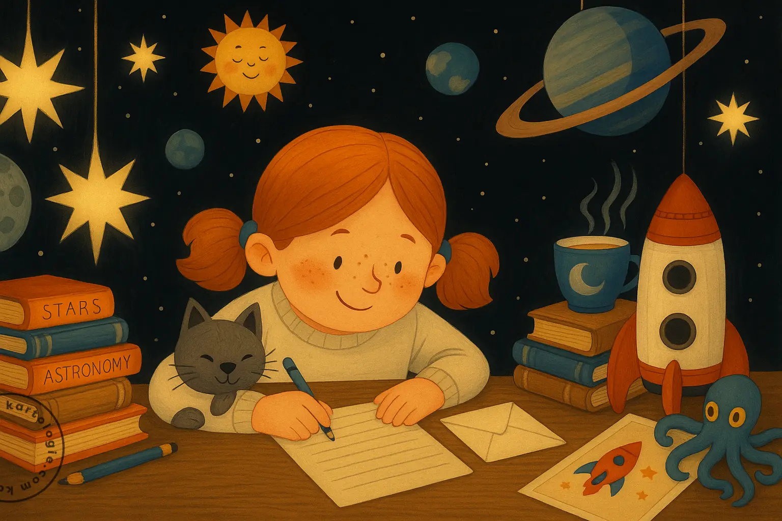 Menina ruiva escreve uma carta sob um céu estrelado, acompanhada por um gato, livros de astronomia, uma xícara de chá e uma miniatura de foguete.
