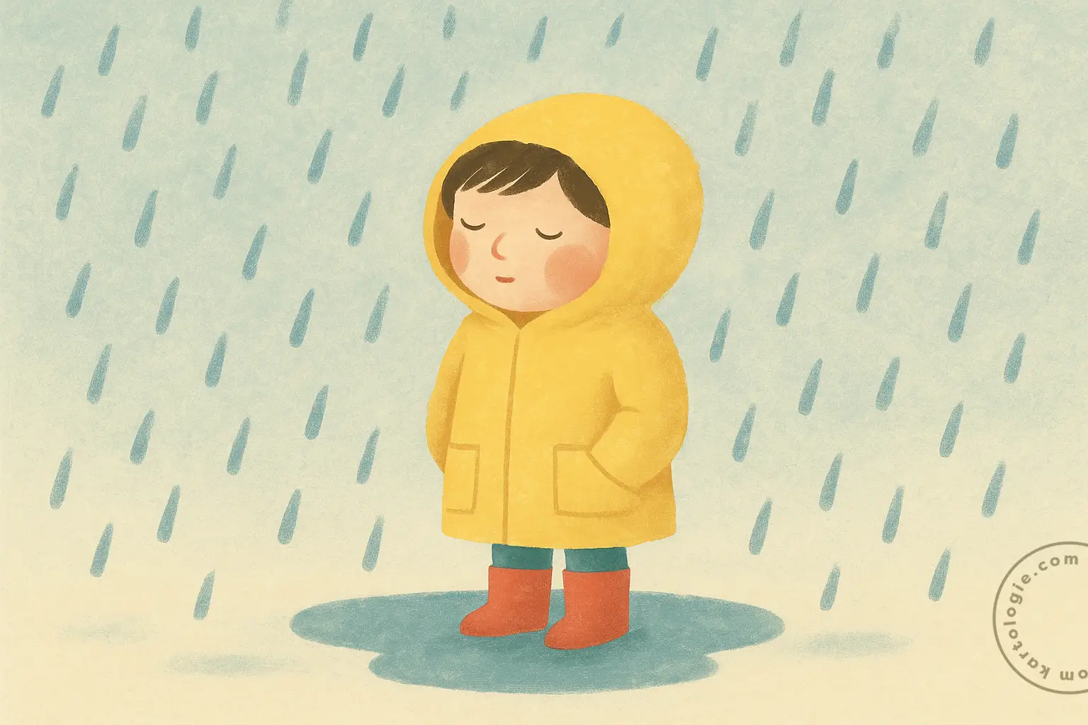 Criança com capa de chuva amarela e botas vermelhas permanece serena de olhos fechados enquanto gotas caem ao seu redor.