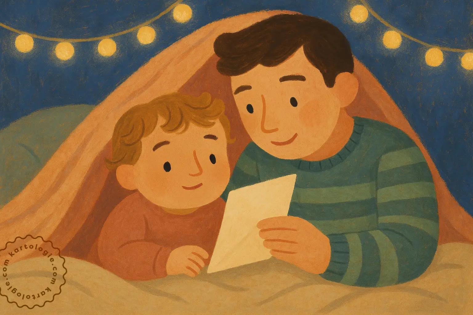 Pai e filho leem juntos uma carta sob uma cabana de cobertores, iluminados por luzes de bolinha penduradas. O ambiente transmite aconchego, atenção e vínculo afetivo.