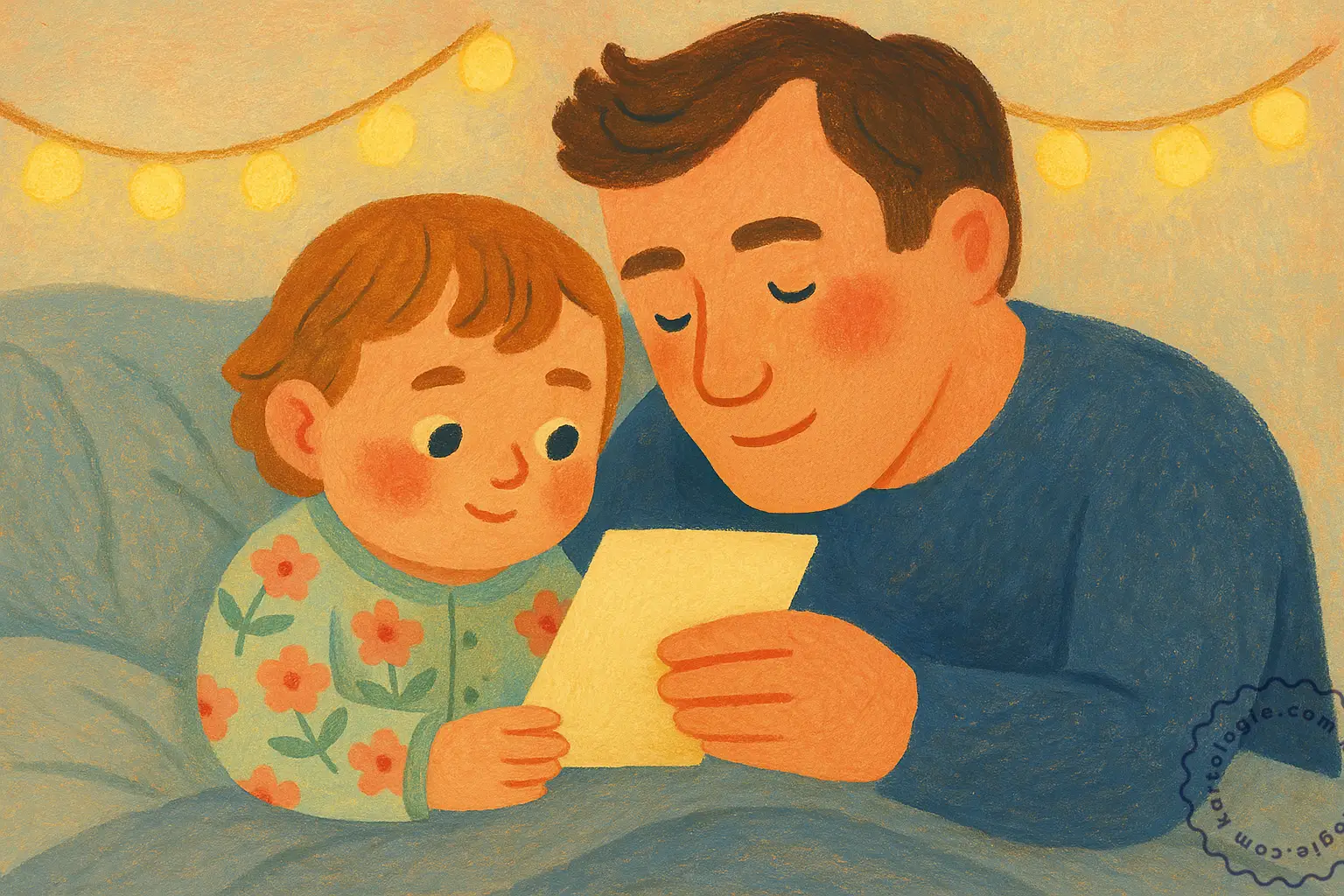 Pai e filho compartilham a leitura de uma carta ou livro, deitados na cama sob luzes suaves. A cena transmite intimidade, escuta e vínculo afetuoso antes de dormir.