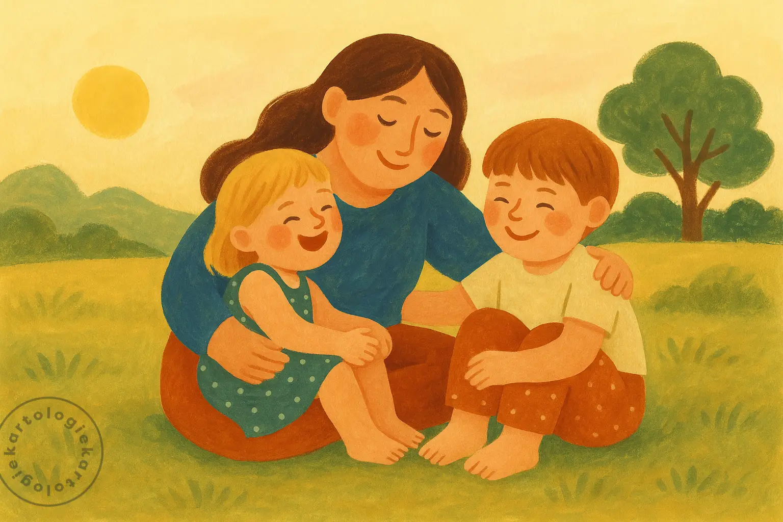 Mãe sentada com dois filhos pequenos em um campo ao pôr do sol. Todos sorriem, transmitindo calma, afeto e conexão em um momento simples ao ar livre.