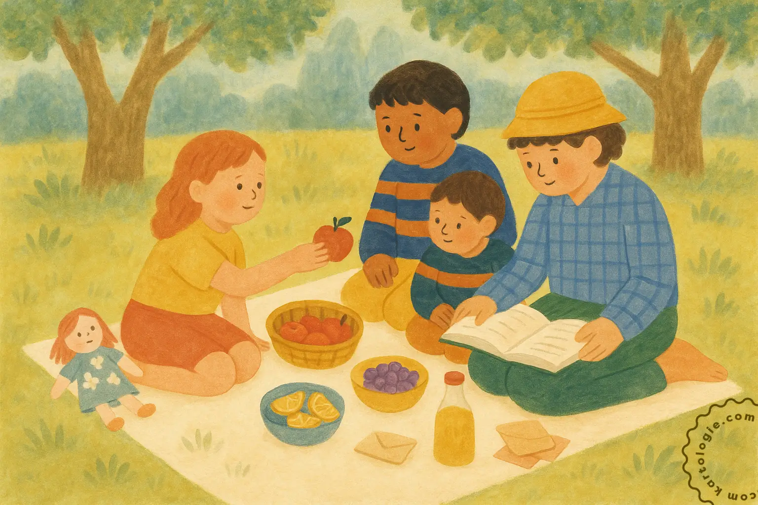 Grupo de adultos e crianças sentados em um piquenique sob as árvores, com frutas, suco e um livro. A cena evoca pausa, convivência e encantamento no cotidiano.
