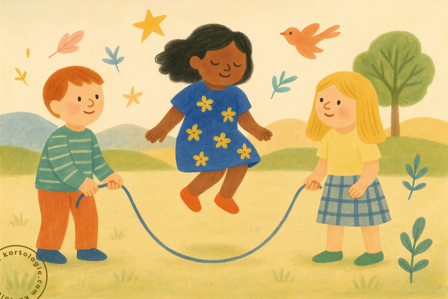 Três crianças brincam de pular corda em um campo, rodeadas por folhas, estrelas e um pássaro. A imagem expressa alegria, movimento e liberdade infantil.