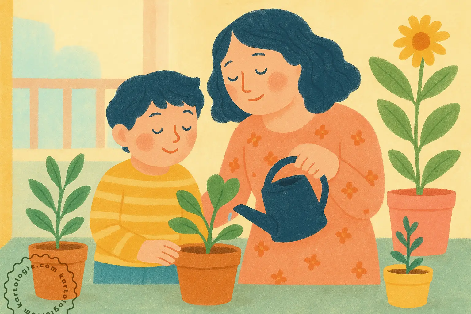 Mãe e filho regando uma planta em casa, com vasos ao redor e um clima calmo e afetuoso.