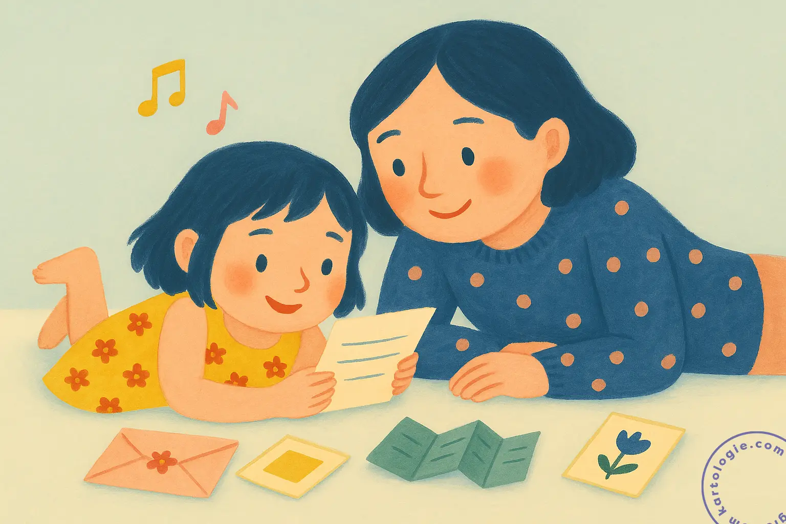 Mãe e filha deitadas no chão, ouvindo música e lendo juntas uma carta e cartões coloridos.