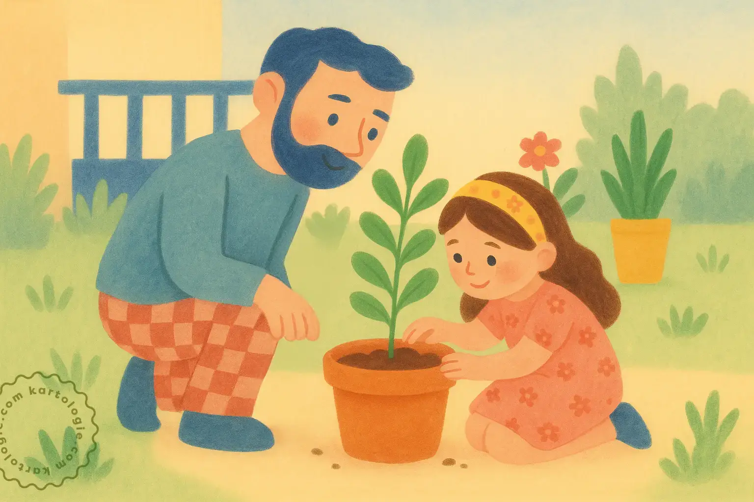 Ilustração de adulto e criança cuidando de uma planta em um jardim tranquilo. Cena ensolarada e afetuosa.