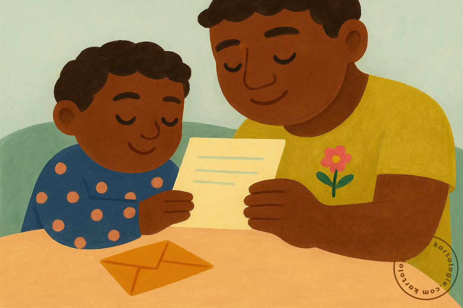 Pai e filho leem juntos uma carta, sentados lado a lado, com um envelope sobre a mesa.