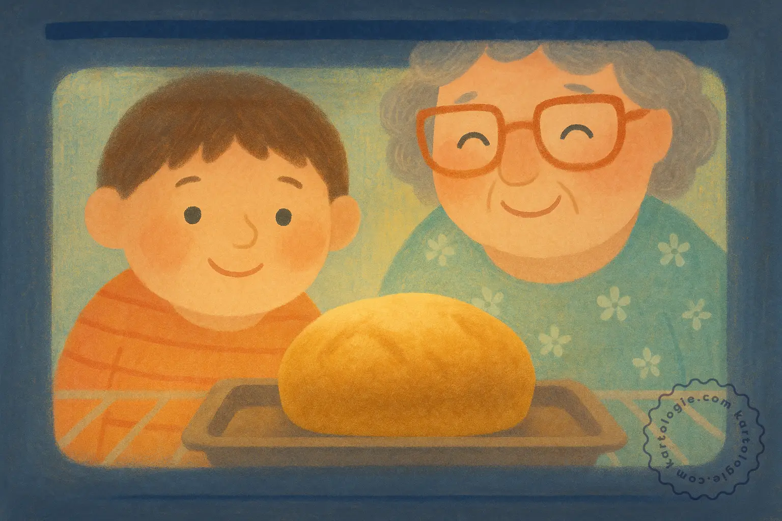 Ilustração vista de dentro do forno com criança e avó sorrindo enquanto observam um pão crescendo. Cena de aconchego e carinho.