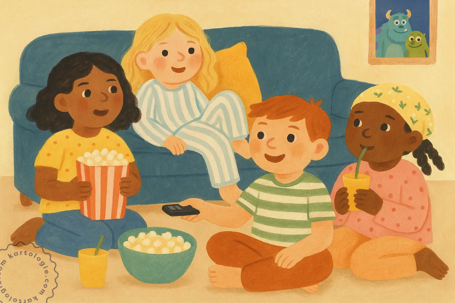 Crianças sorriem enquanto escolhem um filme para assistir
